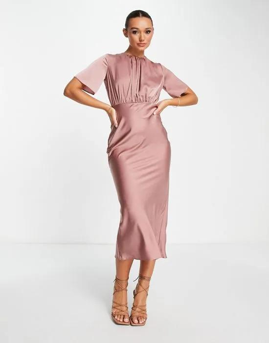 Bridesmaid satin maxi dress with flutter sleeves and open back in toffee