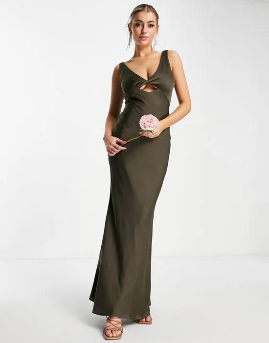 Bridesmaid satin maxi dress with twist front detail in forest green