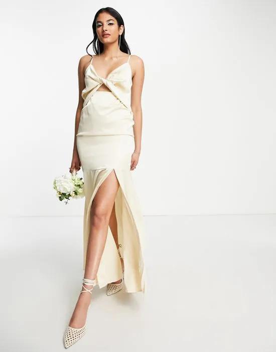 Bridesmaid satin twist front maxi dress with split in champagne