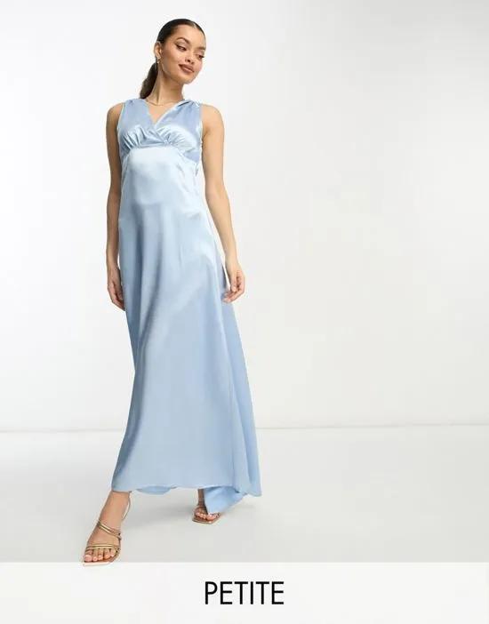 Bridesmaid satin v neck maxi dress with train in pastel blue
