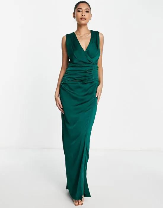 Bridesmaid satin wrap front maxi dress in emerald green