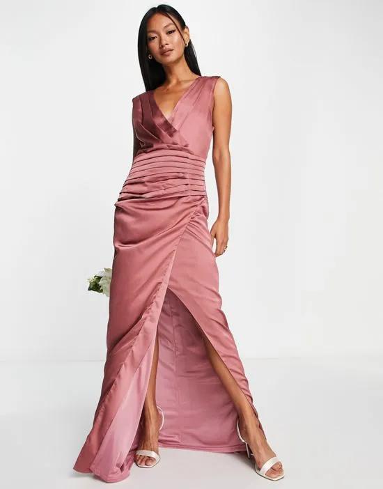 Bridesmaid satin wrap front maxi dress in forever rose