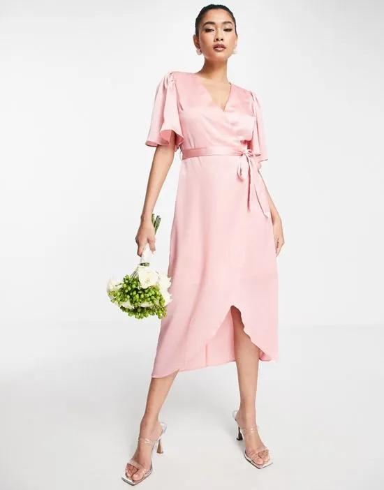 Bridesmaid satin wrap front midaxi dress in soft rose pink