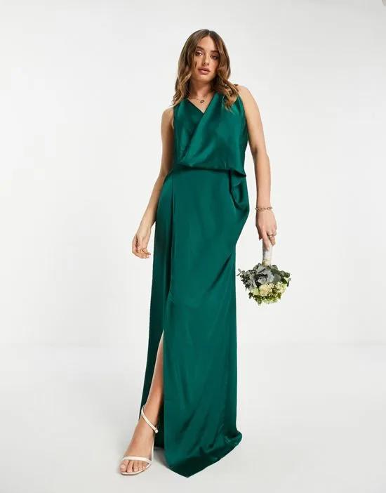Bridesmaid satin wrap maxi dress in emerald green