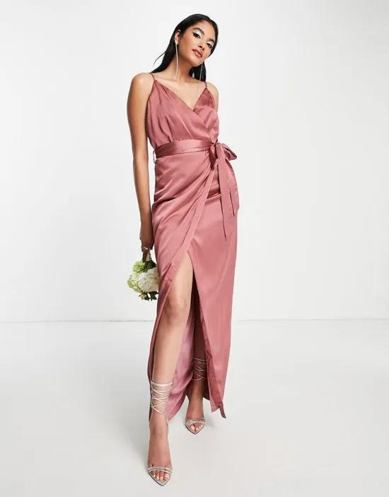 Bridesmaid satin wrap maxi dress with belt in forever rose