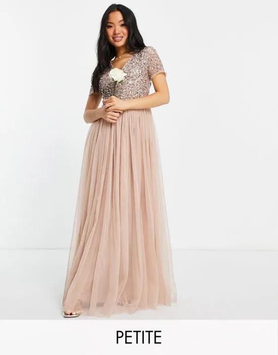 Bridesmaid short sleeve maxi tulle dress with tonal delicate sequins in muted blush