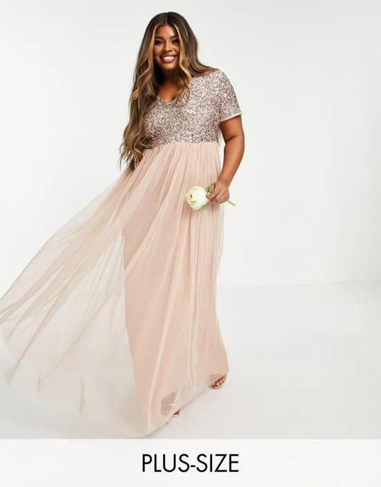 Bridesmaid short sleeve maxi tulle dress with tonal delicate sequins in muted blush