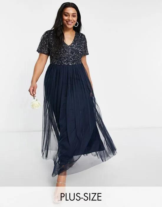 Bridesmaid short sleeve maxi tulle dress with tonal delicate sequins in taupe navy