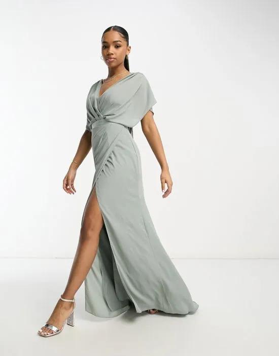 Bridesmaid short sleeved cowl front maxi dress with button back detail