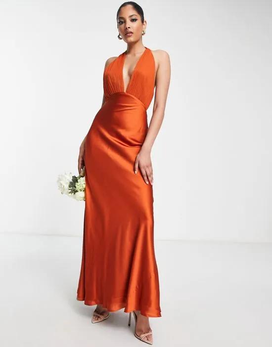 Bridesmaid soft pleated bodice maxi dress with satin skirt in rust