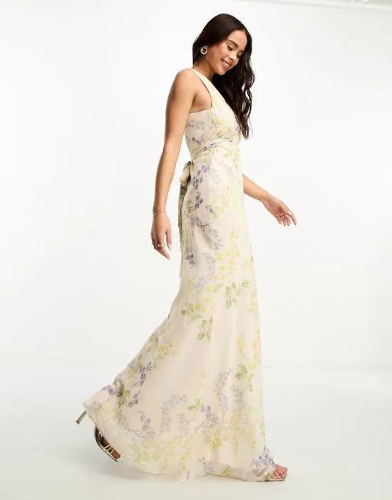 Bridesmaid tie back maxi dress in ivory floral