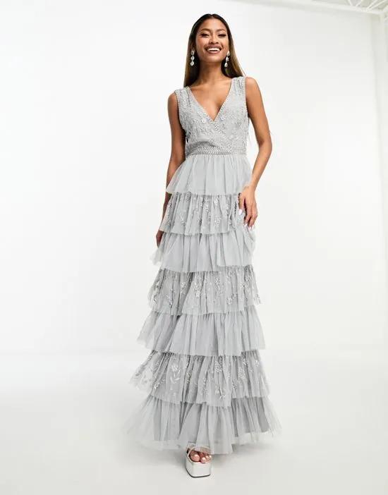 Bridesmaid tiered midaxi dress with embroidery in light gray