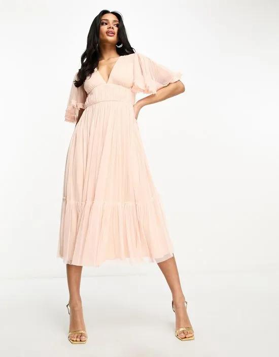 Bridesmaid tulle midi dress with flutter sleeve in blush