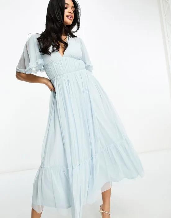 Bridesmaid tulle midi dress with flutter sleeve in icy blue