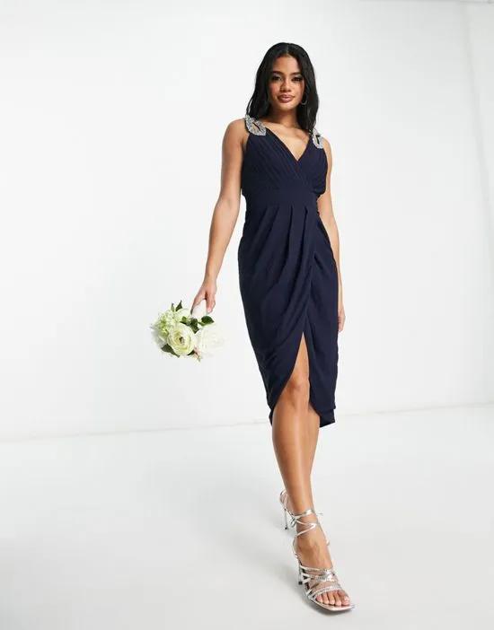 Bridesmaid wrap front chiffon maxi dress with embellished shoulder detail in navy