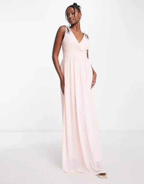 Bridesmaid wrap front chiffon maxi dress with embellished shoulder detail in whisper pink