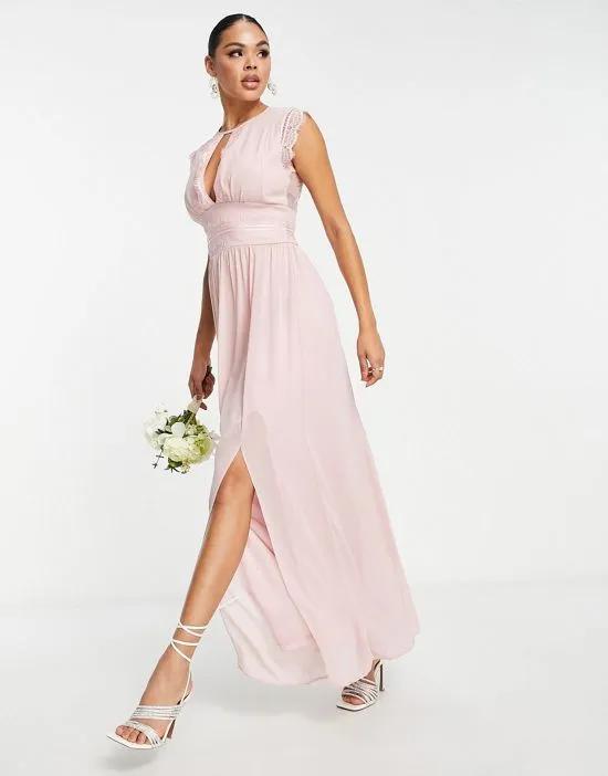 Bridesmaids chiffon maxi dress with lace detail in mauve