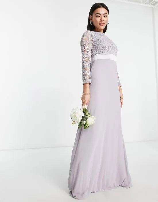 Bridesmaids chiffon maxi dress with lace scalloped back and long sleeves in gray