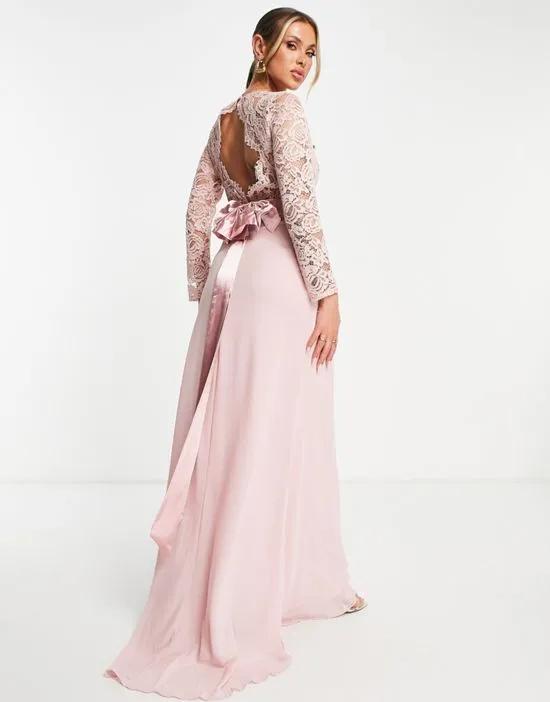 Bridesmaids chiffon maxi dress with lace scalloped back and long sleeves in mauve