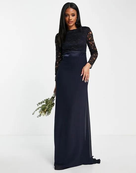 Bridesmaids chiffon maxi dress with lace scalloped back and long sleeves in navy