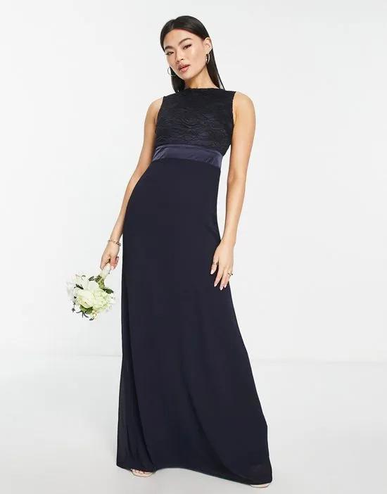 Bridesmaids chiffon maxi dress with lace scalloped back in navy