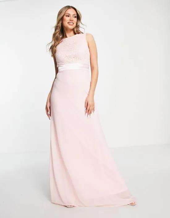 Bridesmaids chiffon maxi dress with lace scalloped back in whisper pink