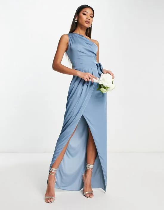 Bridesmaids one shoulder maxi dress with pleated detail in blue