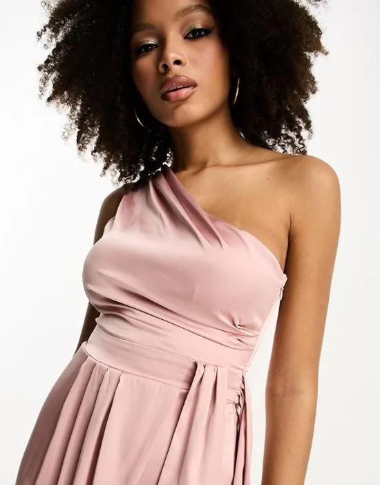 Bridesmaids one shoulder maxi dress with pleated detail in dusky pink