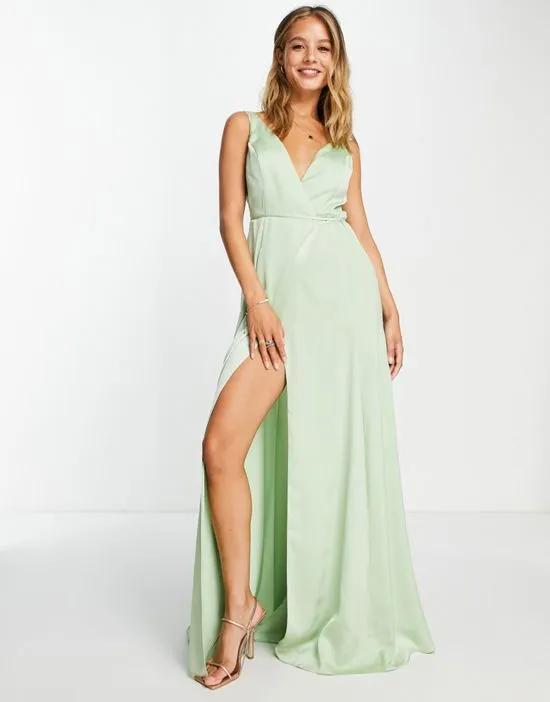 Bridesmaids satin wrap maxi dress with tie detail in sage