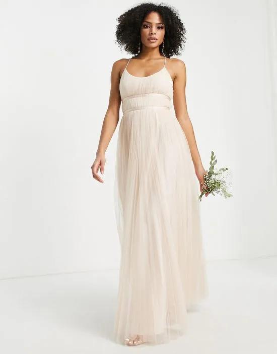 bridesmaids tulle cami maxi dress with satin ribbon waist detail and pleated skirt in champagne