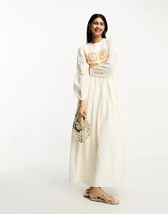 broderie/crochet bodice maxi dress with long puff sleeves in cream
