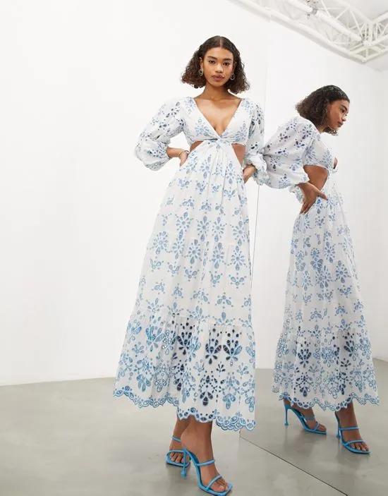 broderie cut out detail long sleeve midi dress in blue floral print