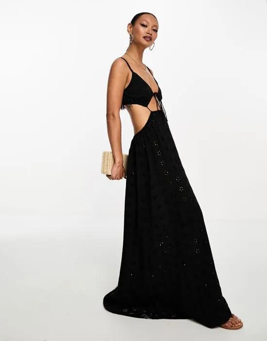 broderie strappy cut out maxi dress in black
