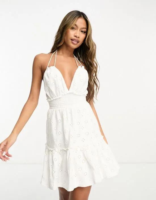 broderie strappy mini sundress with shirred waist in white