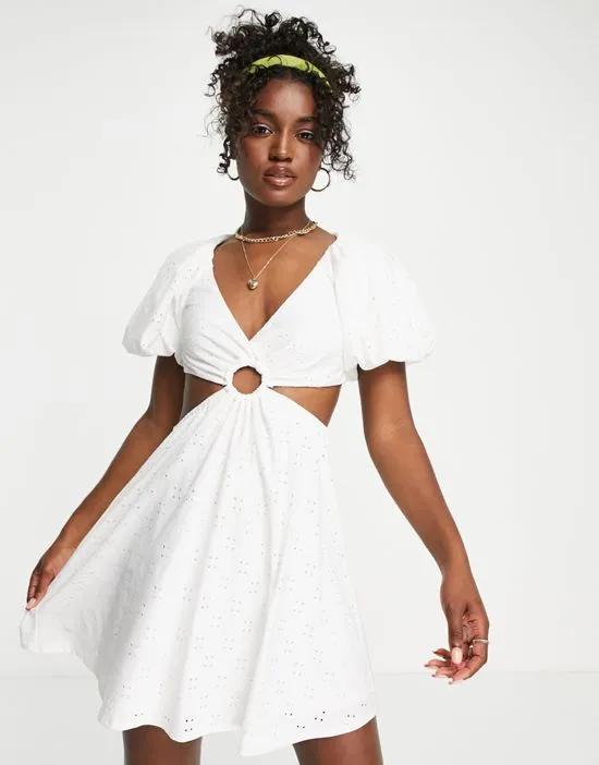 broderie volume sleeve mini cut out dress in white