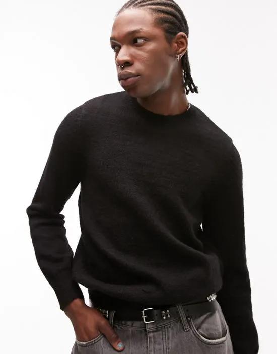 brushed knitted crew neck sweater in black