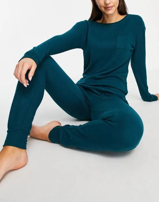 brushed waffle long sleeve top and bottom lounge set in green