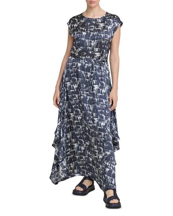 Brushstroke Print Belted Maxi Dress