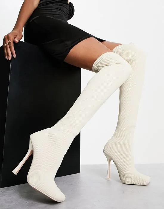 Bubbles over-the-knee knitted stiletto boots in off-white