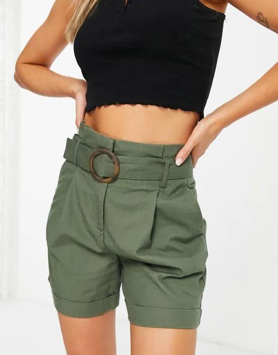 buckle detail shorts with pleat front in khaki
