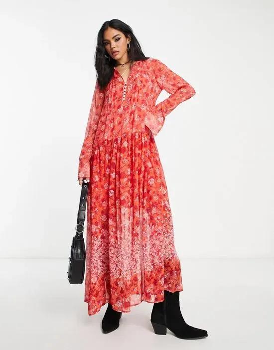 button detail floral print maxi dress in coral
