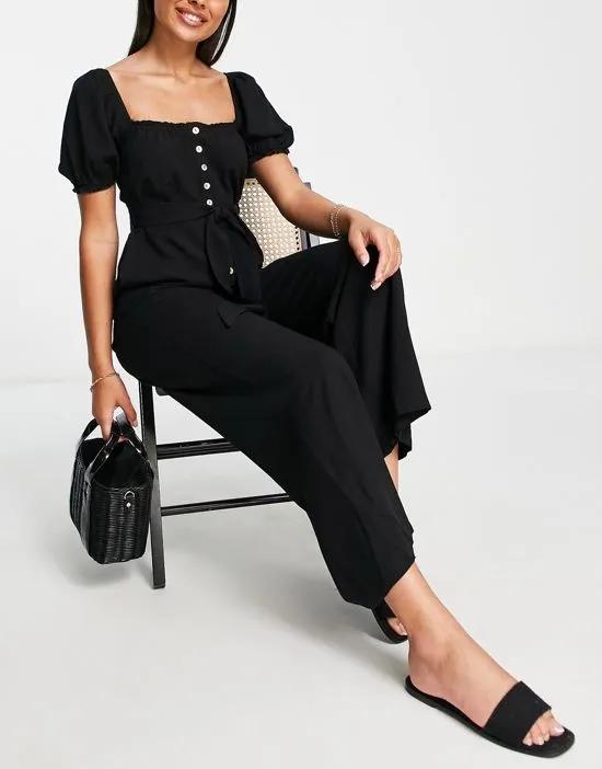 button down jumpsuit with sleeve detail in black