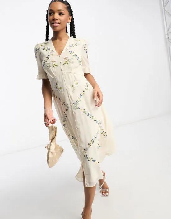 button front embroidered midi dress in cream floral