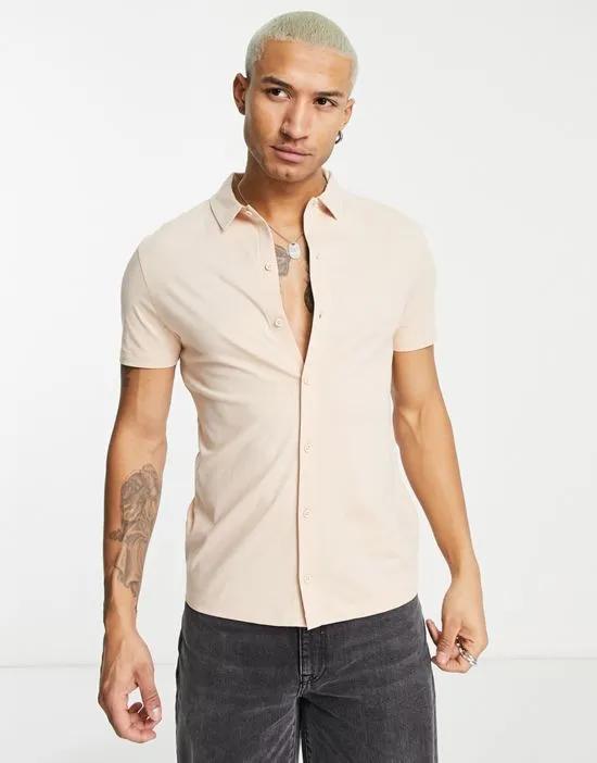 button through jersey shirt in beige