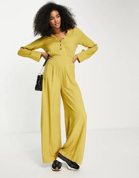 button through shirt jumpsuit in olive