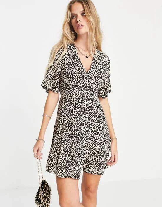 button through tie back mini tea dress with angel sleeve in animal print