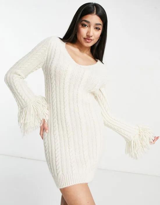 cable knit fringe mini dress in cream