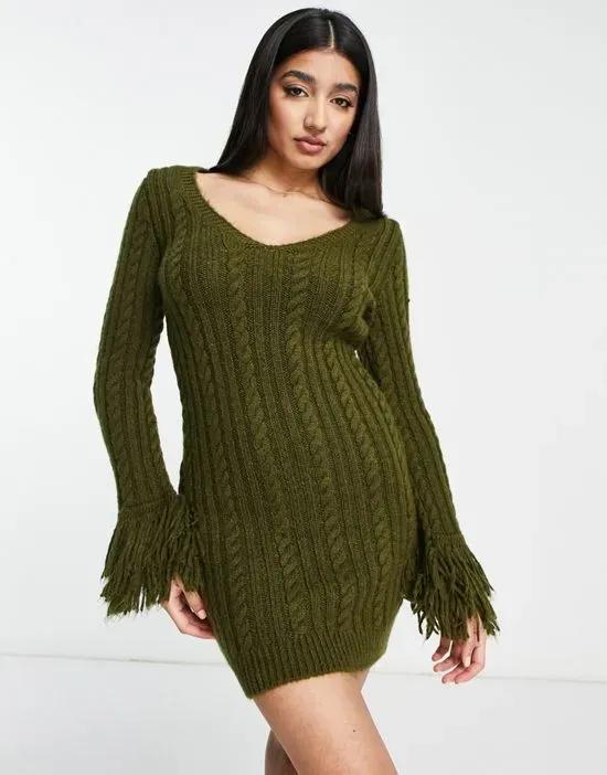 cable knit fringe mini dress in khaki