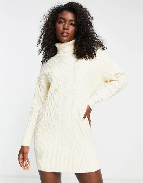 cable knit roll neck mini sweater dress in cream