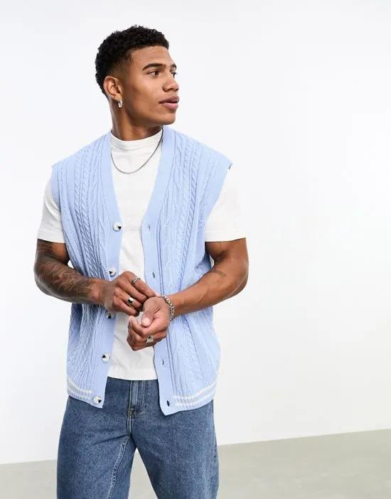 cable knit sleeveless cricket cardigan tank in blue